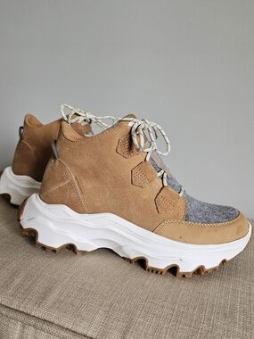 Sorel Tan Suede and Gray Wool Platform Sneakers with White Sole